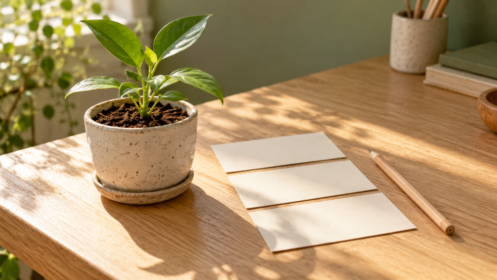 朝日が差す作業台に置かれた若い鉢植えと無地のカード。小さな思いを育てることを表したAI生成イメージ。