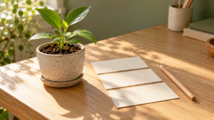 朝日が差す作業台に置かれた若い鉢植えと無地のカード。小さな思いを育てることを表したAI生成イメージ。